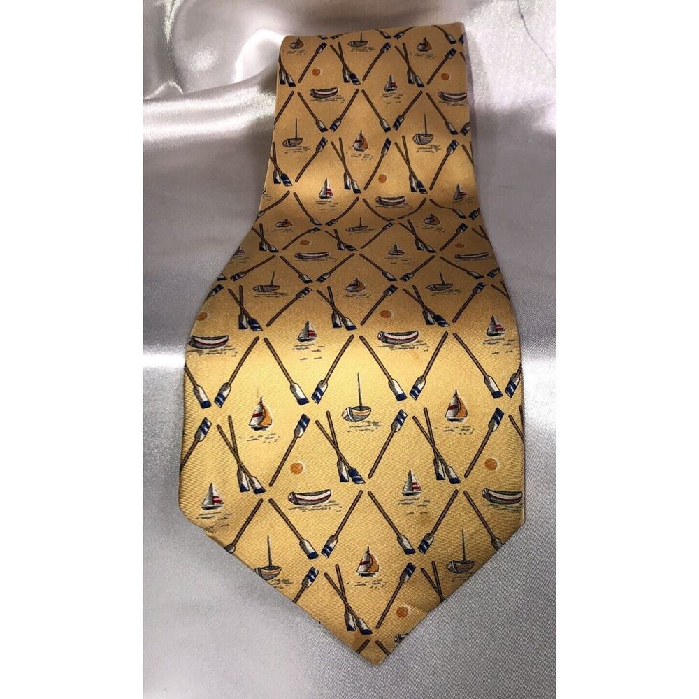 Banana Republic Neck Tie 100% Silk Yellow With Boat & Paddle Nautical Graphics